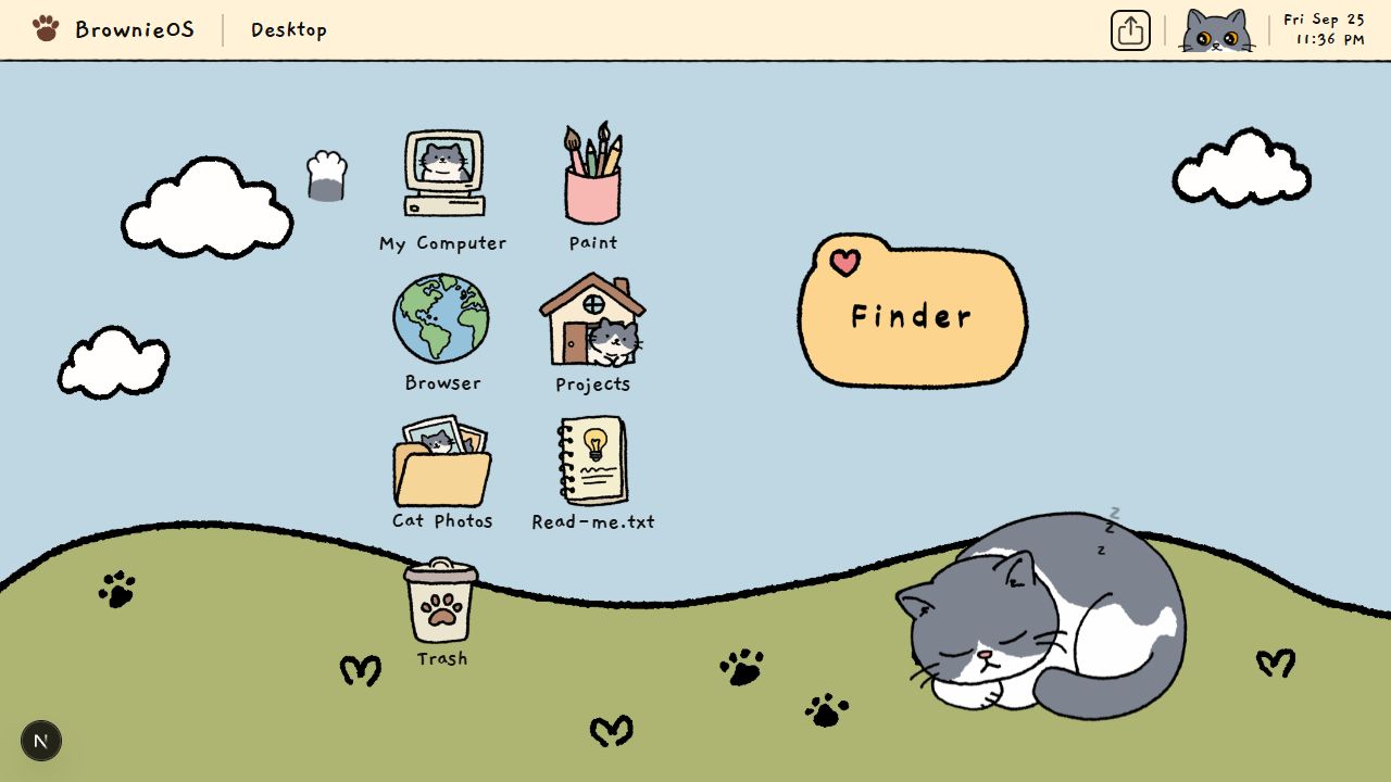 The BrownieOS desktop, with visible Read Me and project entries